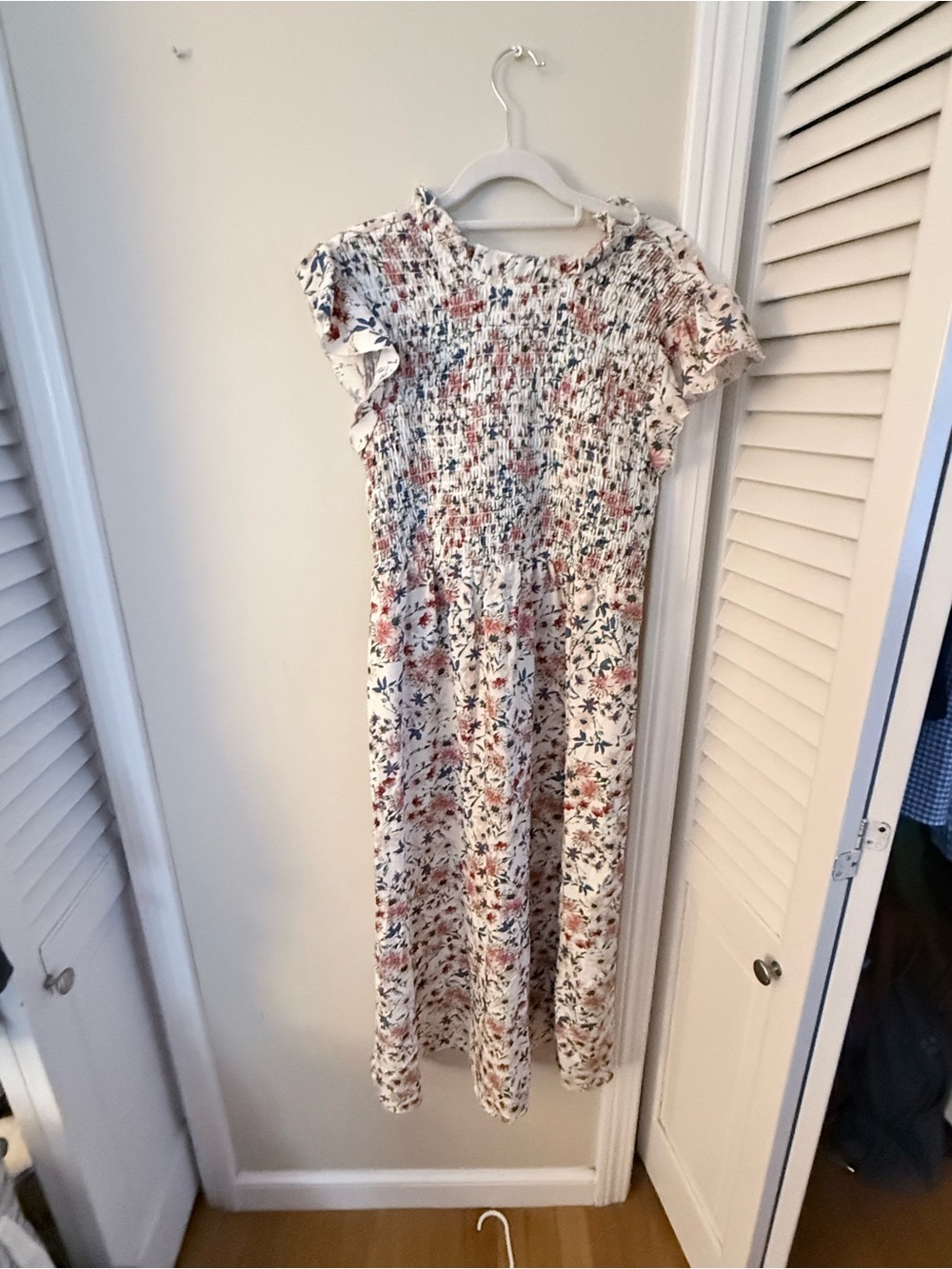 SHEIN White Floral Smocked Midi Dress with Pink & Green Accents